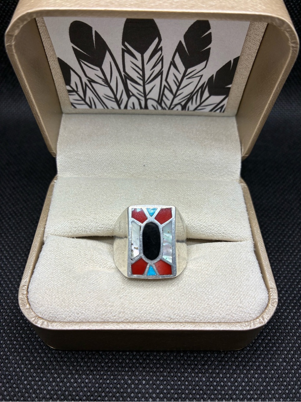 Zuni Sterling Silver Inlay  Ring with Red, Black & Turquoise Accents